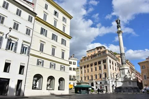 Full view of the Column of Immaculate Conception at Mignanelli Square in Rome Stock Photos