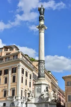 Full view of the Column of Immaculate Conception at Mignanelli Square in Rome Stock Photos