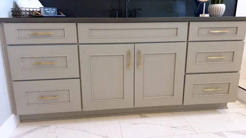 Full view of gray bathroom vanity with drawers Stock Footage 316151087