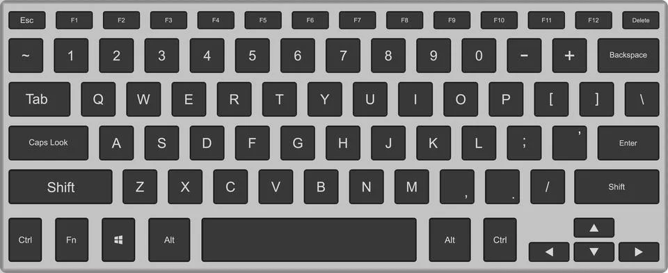 Full view of a gray computer keyboard displaying all letter, number, and fu.. 스톡 일러스트