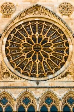 Full view of main rose window and lancet arch shapes in the gothic cathedral Stock Photos