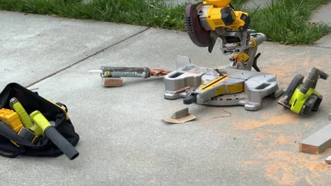 Full View of Outdoor Carpentry Workstation and tools Stock Footage 313357812