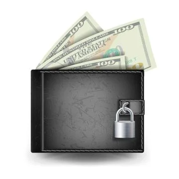 Full Wallet Vector. Black Color. Locked With Padlock. Money Secure Concept Ilustración de archivo