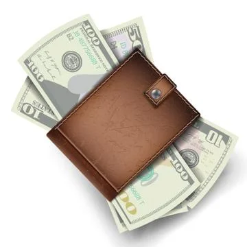 Full Wallet Vector. Brown Color. Dollar Banknotes. Top View. Financial Concept Ilustración de archivo