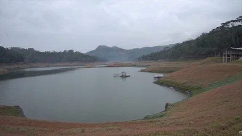 Full wide view of Lakeside in dry season Stock Footage