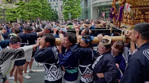 Full Wooden Pole Framework Supports Rows of Shrine Bearers Stock Footage 341417168