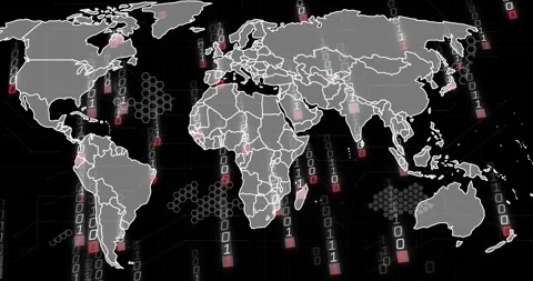 Full world outline appearing map starting bit streams falling pink nodes pulsing Stock Footage 329116655