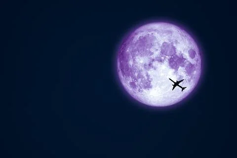 Full Worm blue Moon and silhouette airplane flight on night sky 스톡 일러스트