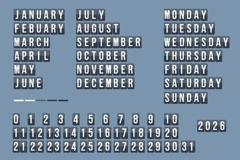Full Year Calendar Grid with Months Weekdays and Number Blocks in Blue Back.. 스톡 일러스트