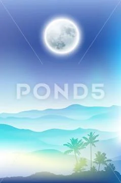 Fullmoon and palm tree and mountains in the fog Stock Illustration