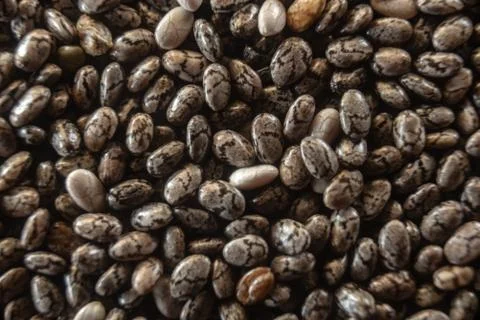 Fullscreen macro closeup with shallow depth of field of chia seeds. Texture.  Stock Photos