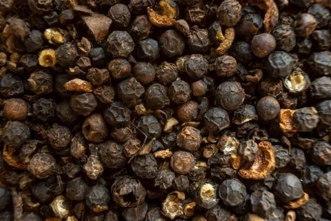 Fullscreen macro closeup with shallow depth of field of unmilled black pepper Stock Photos