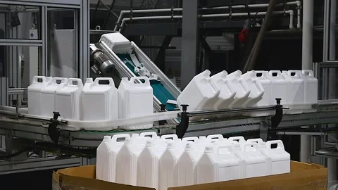 Fully automated production of plastic bottles for household chemicals Stock Footage 306548897