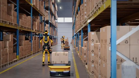 Fully automated warehouse with humanoid robots and agvs Stock Footage 330465617