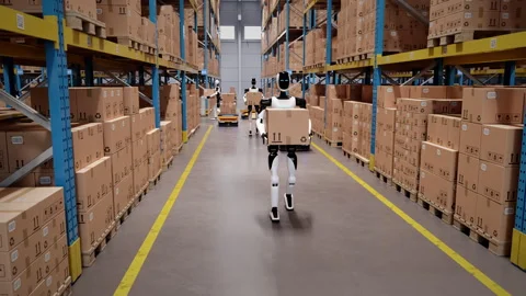 Fully automated warehouse with humanoid robots and agvs Stock Footage 330465755