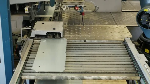 Fully automatic panel bending center in metal factory for shaping steel Stock Footage 77831983