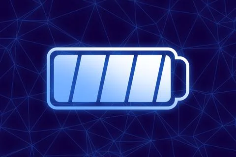 Fully charged battery on blue background. Illustration Illustrazione stock