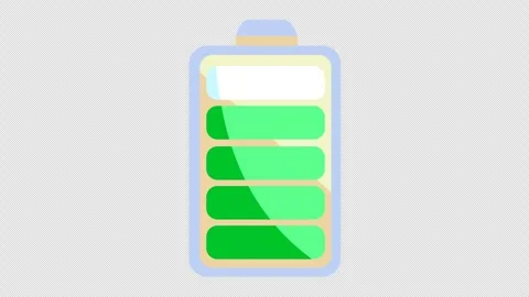 Fully charged battery icon with five green bars in cartoon animation. Full power Stock Footage 318507384