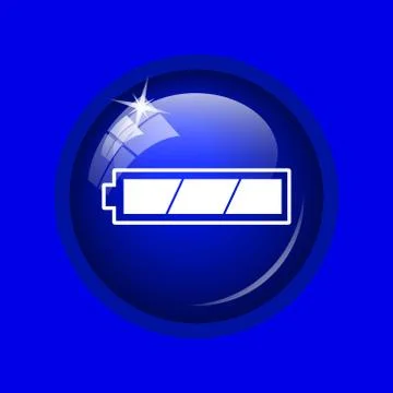 Fully charged battery icon. Internet button on blue background. . Stock Illustration