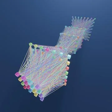 Fully Connected Neural Network Structure Illustrated in a Colorful 3D Digital 스톡 일러스트