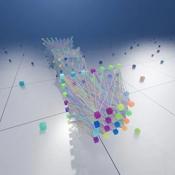 Fully Connected Neural Network Structure Illustrated in a Colorful 3D Digital Stock Illustration