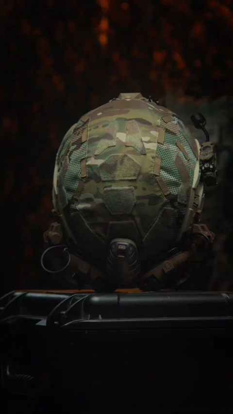 Fully equipped multicam fast helmet roll over on a rotating platform(horizontal) Stock Footage 337829327