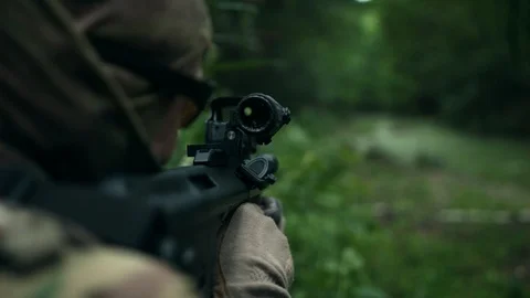 Fully equipped special forces leads fire support. Shot at the target. Stock Footage 107792328