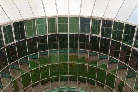 Fully glazed rounded wall of  modern urban building.  Numerous reflections of Fotos de archivo