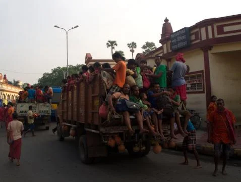 Fully Load and over load of Crowded Indian People in the truck,Kolkata City,  Stock Photos