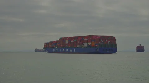 Fully Loaded Container Ship Bursting With Freight Stopped Outside Longbeach Stock Footage 166012329