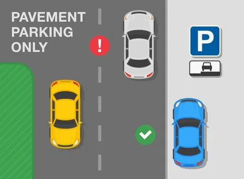 Fully pavement parking only. Top view of a correct and incorrect parked cars. Illustrazione stock