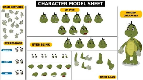 Fully Rigged Turtle Sprite Sheet | Hand Sync, Eyebrows, Lip Sync  Eye Blink | 2D Ilustración de archivo