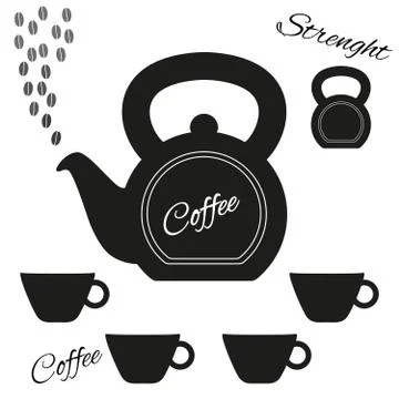 Fully vector coffeepot made from kettlebell with kettlebell and set of cups Stock Illustration