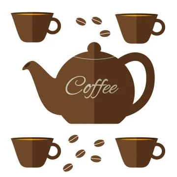 Fully vector flat coffeepot illustration with set of cups in brown color 库存插图