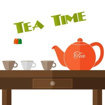 Fully vector flat teapot illustration with set of cups in colors 库存插图