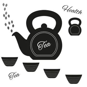 Fully vector teapot made from kettlebell with kettlebell and set of cups 库存插图