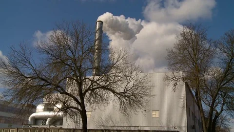Fumes billow,smoke stack,air pollution,energy generation Stock Footage 85332592