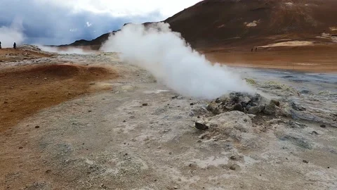 Fuming borehole, steaming volcanic vent in Myvatn in Iceland Stock Footage 222015462
