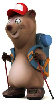 Fun 3D bear backpacker cartoon character Stock Illustration