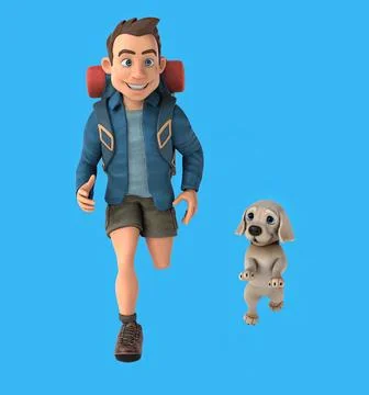 Fun 3D cartoon backpacker with a dog Stock Photos