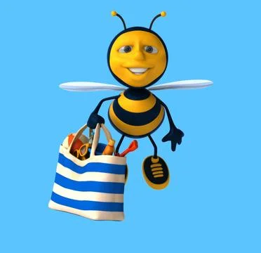 Fun 3D cartoon bee with a beach bag Illustrazione stock
