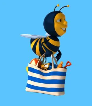 Fun 3D cartoon bee with a beach bag Illustrazione stock