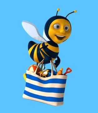 Fun 3D cartoon bee with a beach bag Illustrazione stock