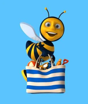 Fun 3D cartoon bee with a beach bag Illustrazione stock