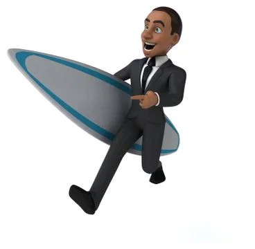 Fun 3D cartoon business man surfing Stock Photos