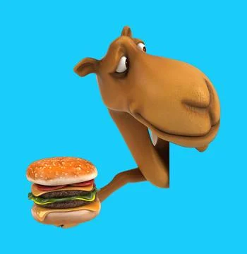 Fun 3D cartoon camel with a hamburger Stock Illustration