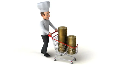 Fun 3D cartoon chef shopping with bitcoins Stock Footage 152223213