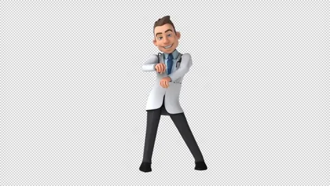 Fun 3D cartoon doctor doing a fit dance (with alpha channel) Stock Footage 345566368