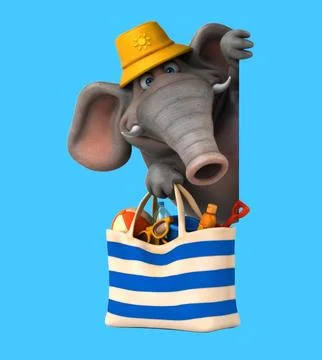 Fun 3D cartoon elephant with a beach bag (on alpha) Illustrazione stock