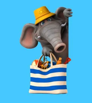 Fun 3D cartoon elephant with a beach bag (on alpha) Stock Illustration